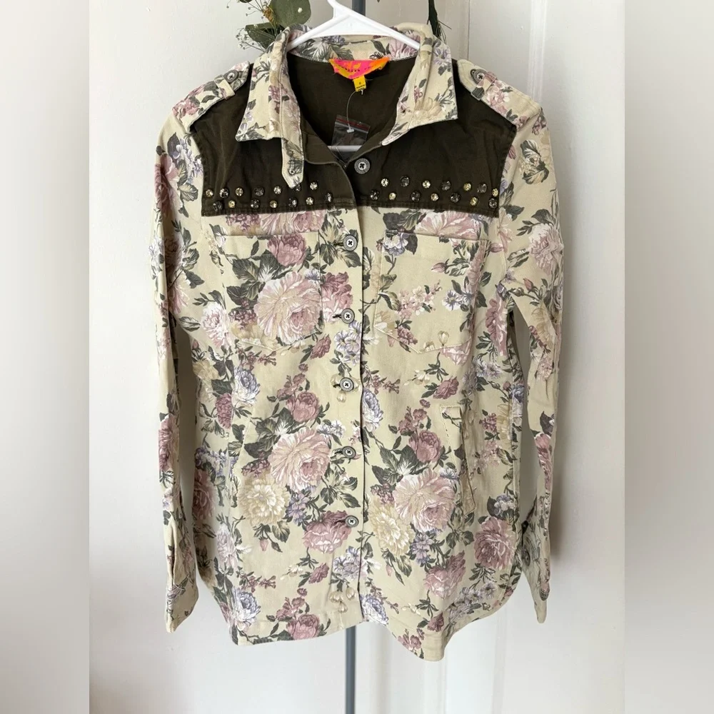 Rare Y2K Cottagecore Jacket Floral Print Beige Vintage Button Up Embellished S - Picture 1 of 6